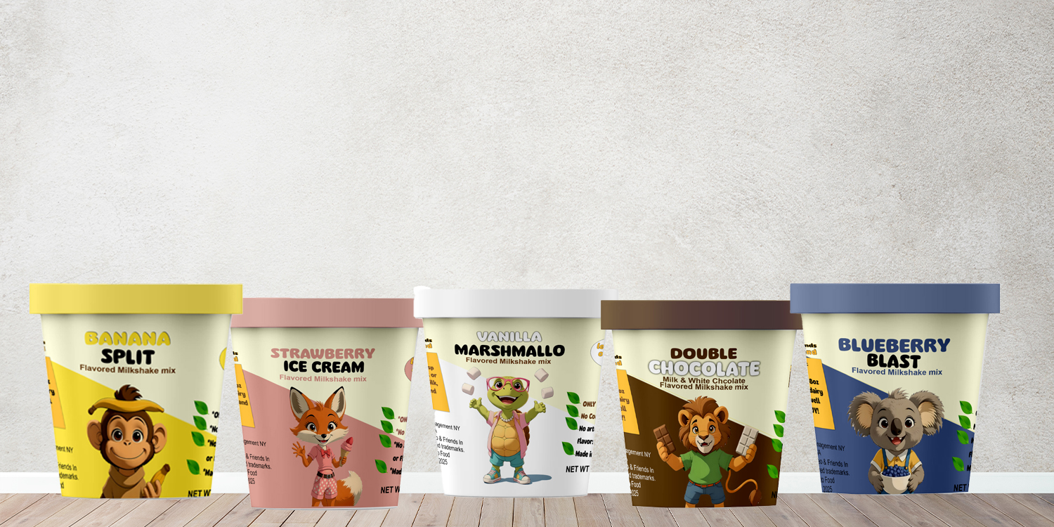 All 5 Leo & Friends flavored milkshake powder mixes